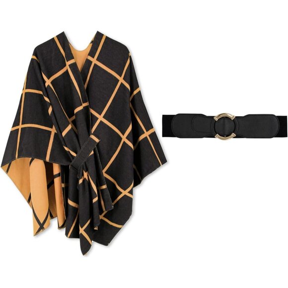 Women Shawl Wrap Poncho Ruana Cape Open Front Cardigan with Belt Black Sandstone - Picture 2 of 5